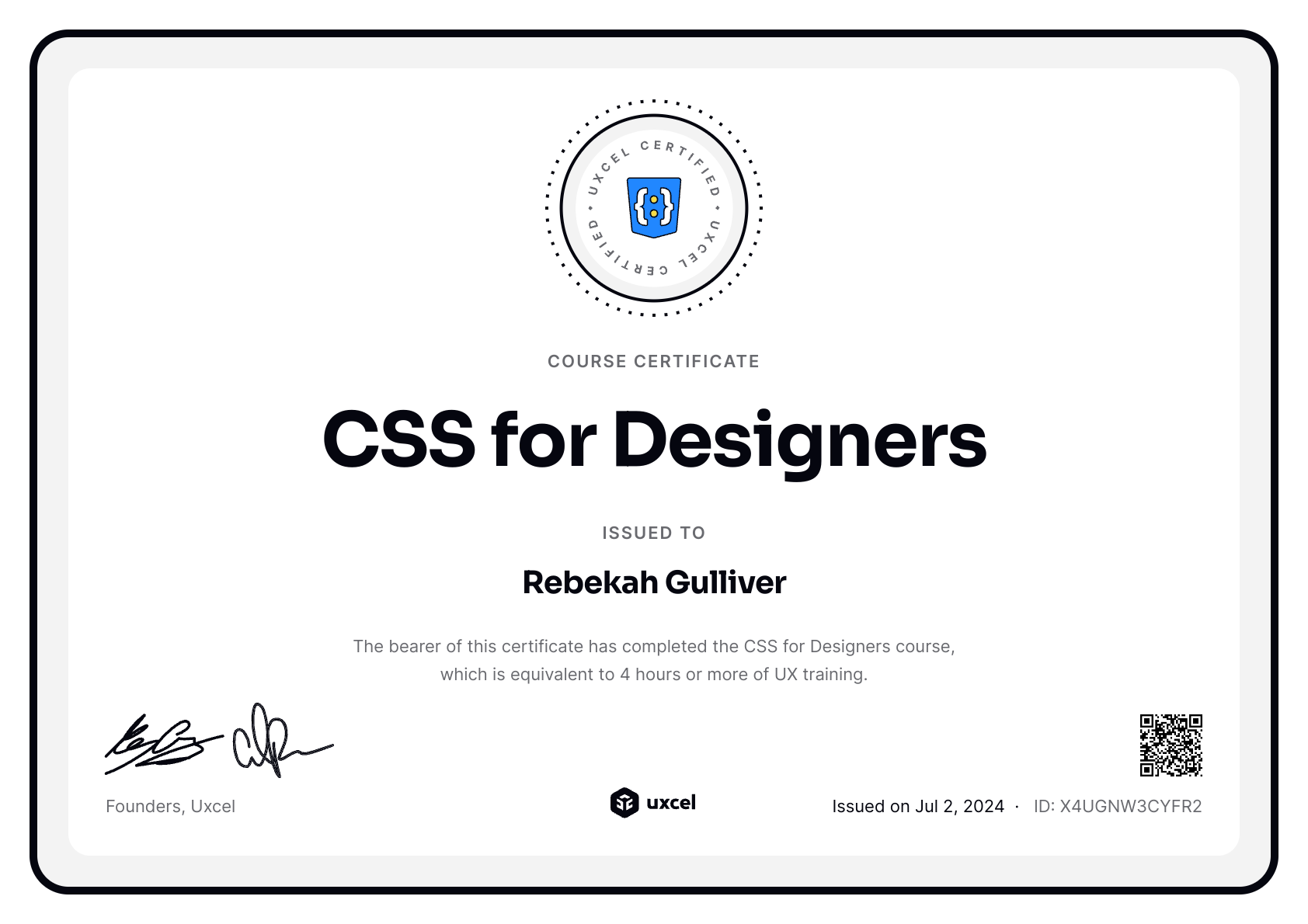 Rebekah Gulliver's certificate
